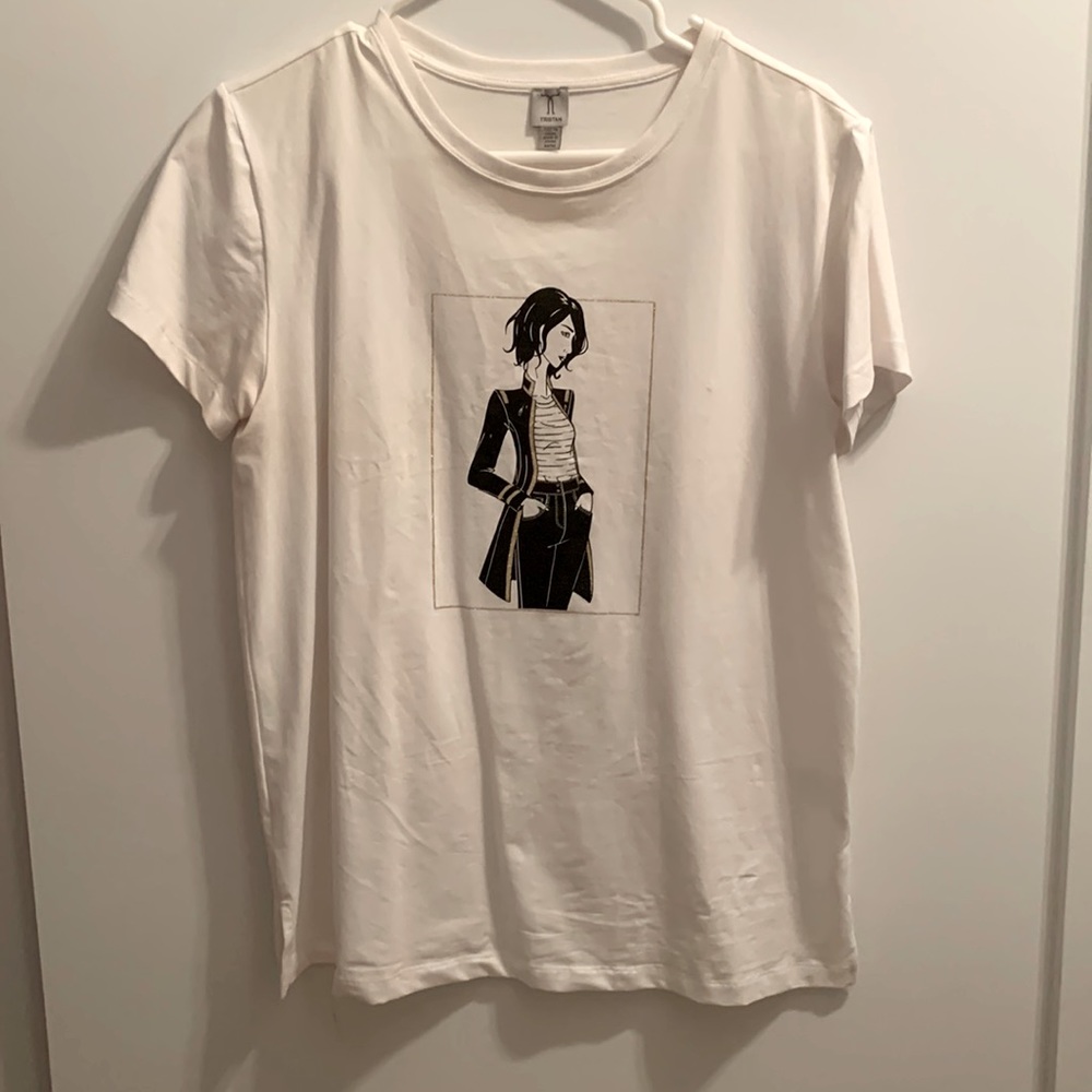 Tristan Medium white t-shirt with fashion lady & metallic gold details